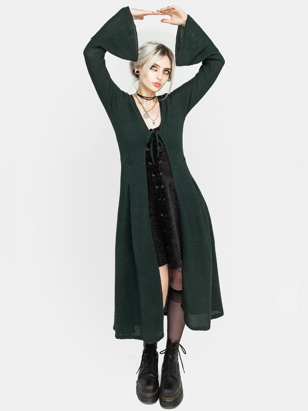 Disturbia Xana Textured Tie Front Long Cardigan in Green US 12 / UK 16